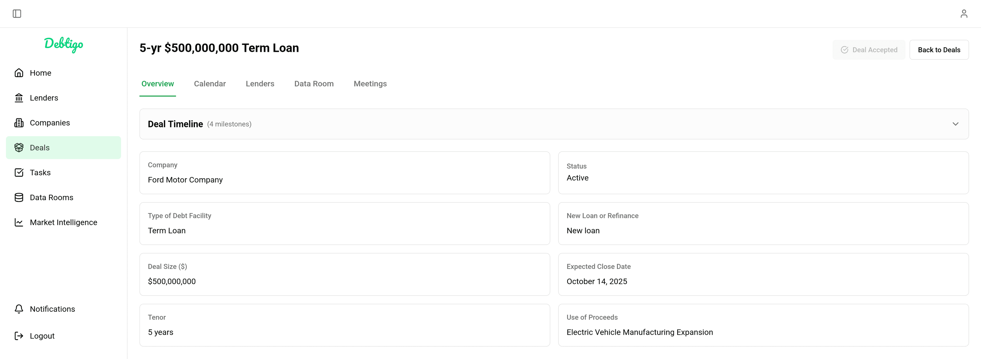 Debtigo deal management dashboard